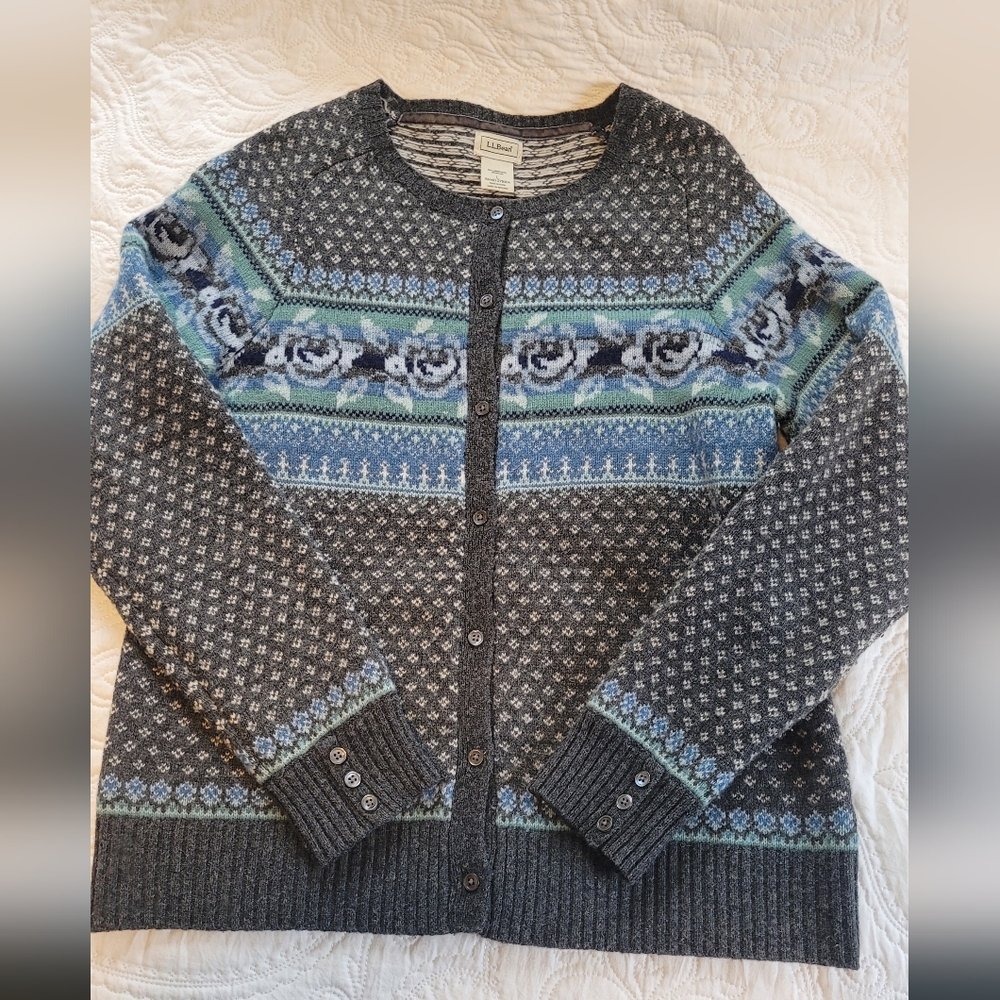 L.L. Bean Charcoal gray, Blue, White Wool Floral Cardigan